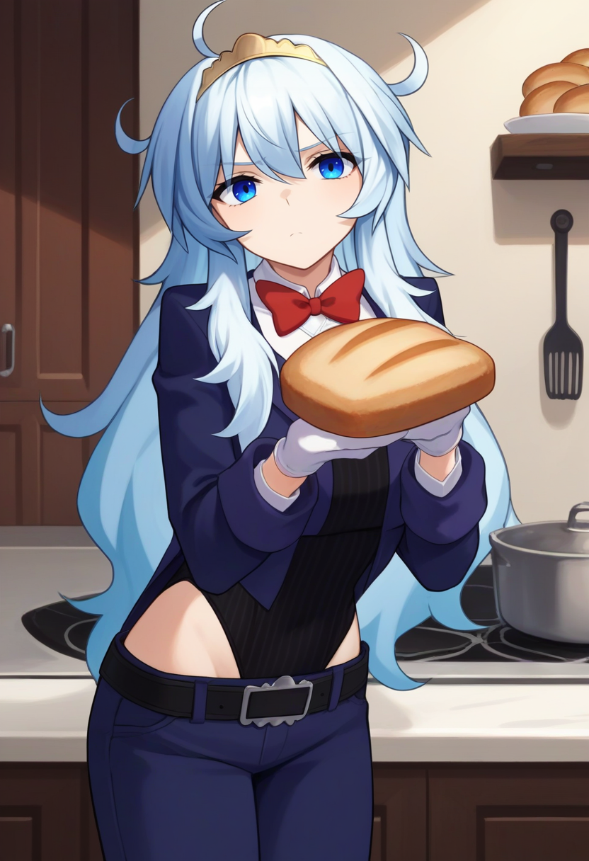 score_9, score_8_up, score_7_up, source_anime, solo, 1girl, mirabelle, unamused, looking at viewer, holding bread, white hair, ahoge, tiara, blue eyes, blue jacket, long sleeves, black leotard, white shirt, red bow, white gloves, blue pants, belt, indoors, kitchen <lora:mirabeaustudios_mirabelle_ponyXL:1>