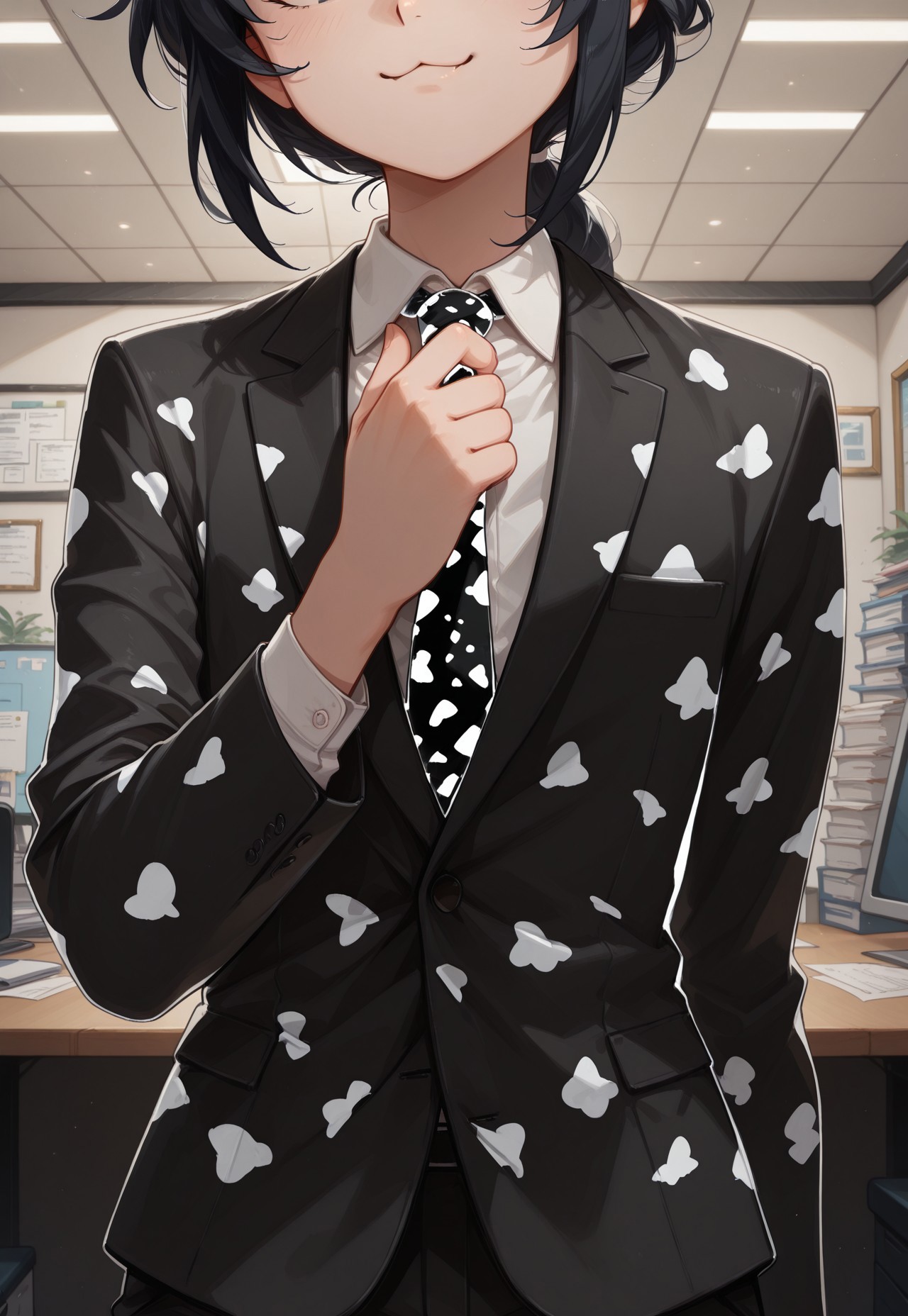 solo, androgynous, invpa, suit, adjusting_necktie, patterned necktie, patterned suit,
upper body, [head out of frame], :3, office, indoors,
masterpiece, best quality, absurdres, newest