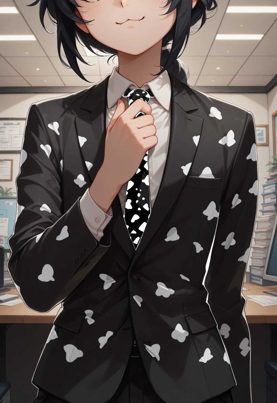 solo, androgynous, invpa, suit, adjusting_necktie, patterned necktie, patterned suit,
upper body, [head out of frame], :3, office, indoors,
masterpiece, best quality, absurdres, newest