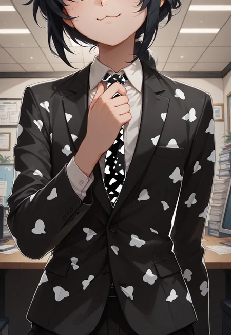 solo, androgynous, invpa, suit, adjusting_necktie, patterned necktie, patterned suit,
upper body, [head out of frame], :3, office, indoors,
masterpiece, best quality, absurdres, newest