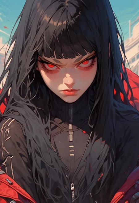 score_9, score_8_up, score_7_up, y0tt4, 1girl, solo,
tokismtiva, long hair, black hair, blunt bangs, red eyes, bodysuit