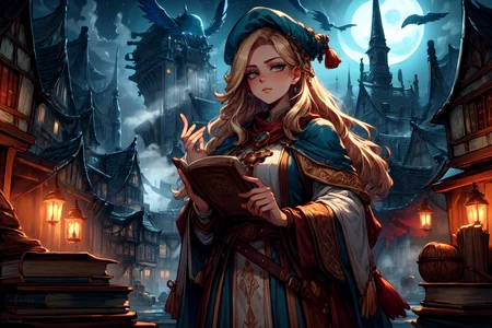 <lora:FantasySettlement:1> fanse, fantasy medieval town, town square, moonlight, fog, <lora:Fantasy_Classes_SD:1> fantasy class, artificer, feathered cap, scientist, monocle, tunic, books, scrolls, looking at viewer, seductive, best quality, masterpiece, <lora:more_details:0.7>, 1girl, solo, blonde hair, absurdly long hair, grey eyes