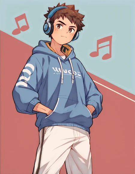 score_9, score_8_up, score_7_up, score_6_up, source_anime, two-tone background, geometric shapes, 1boy, solo, brown hair, brown eyes, freckles, looking at viewer, blue hoodie, white pants, hands in pockets, headphones, music notes, closed mouth <lora:maruikotatsu-amxl-v1b-ShoAI:1>