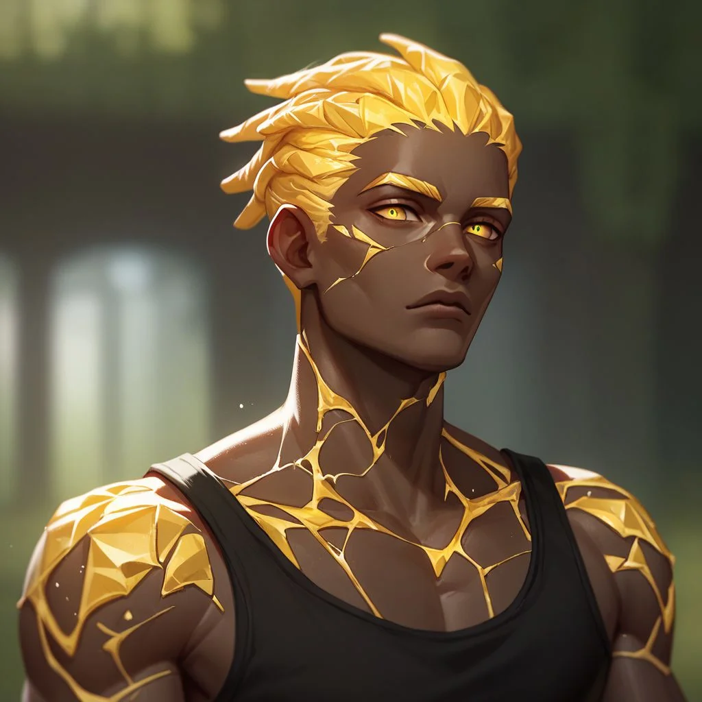 (((beautiful, high quality))), upper Body, score_9, score_8_up, score_7_up,
easynegative, GenasiEarth,
1boy, male focus, metal skin, stone inclusions, glowing gold cracks, dark skin, yellow eyes, dreadlocks, muscles, black top,
looking at the viewer, posing,
blurred background,