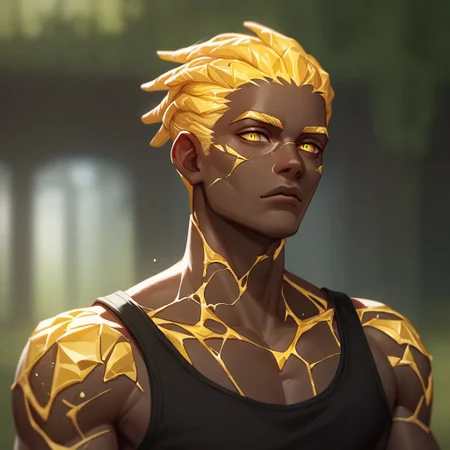 (((beautiful, high quality))), upper Body, score_9, score_8_up, score_7_up,
easynegative, GenasiEarth,
1boy, male focus, metal skin, stone inclusions, glowing gold cracks, dark skin, yellow eyes, dreadlocks, muscles, black top,
looking at the viewer, posing,
blurred background,