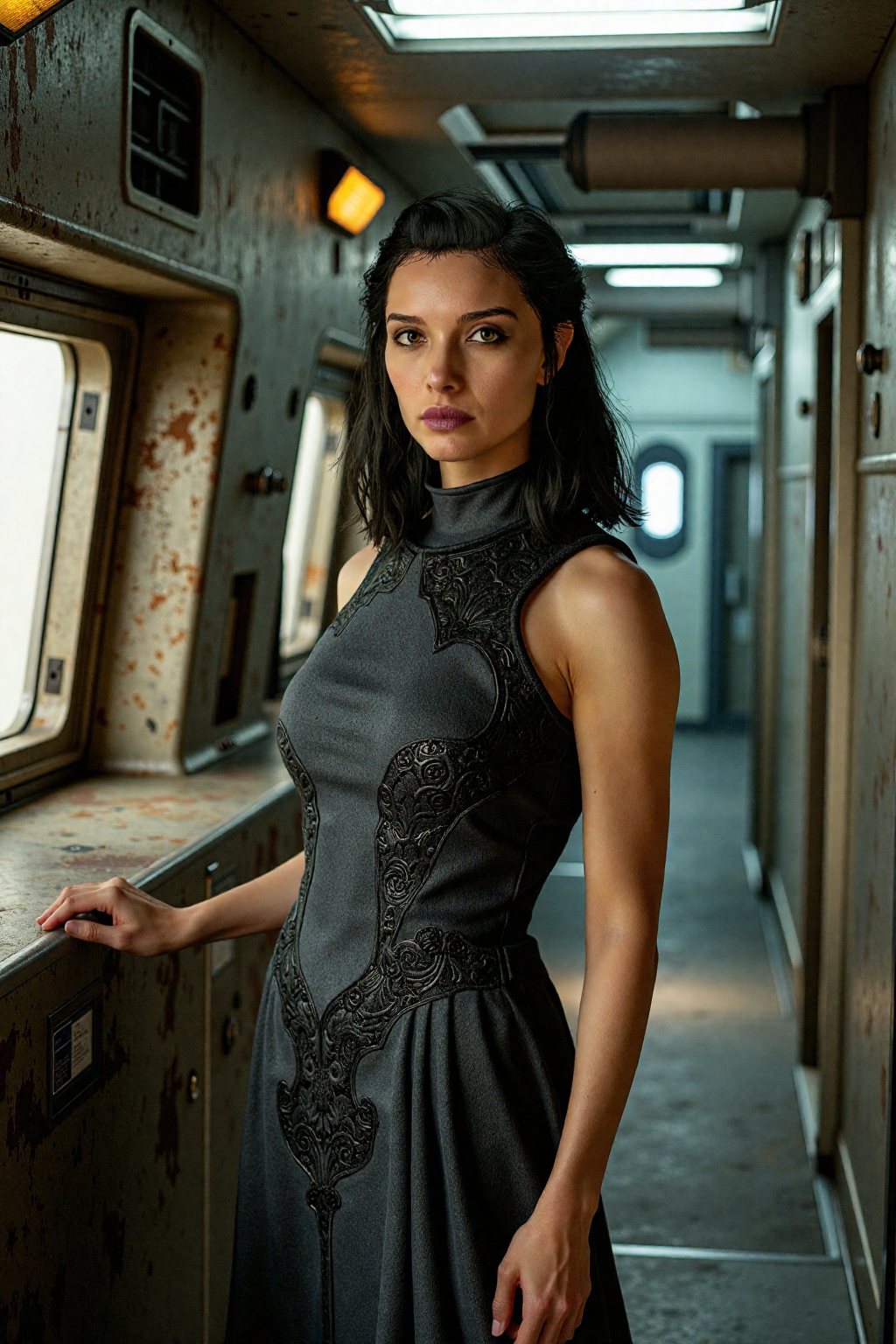 Andreja, a strikingly beautiful woman in her early 20s, stands with quiet confidence aboard a rustical spaceship, her commanding presence harmonizing with the rugged industrial setting. Her medium-length black hair cascades in smooth, glossy waves down her back, its rich texture catching the subtle glow of the dim, flickering overhead lights. Her piercing eyes, sharp and contemplative, are framed by dark lashes, their intensity a striking contrast to the weathered, metallic surroundings.
She is adorned in a dark grey high-neck dress, its sleeveless design on the right side revealing her toned arm. The intricate black patterns woven into the fabric add an air of mystery and sophistication, their ornate details catching the soft, diffused light. The dress hugs her curvaceous form with precision, emphasizing her elegant silhouette while maintaining an understated allure. The flowing hem of the dress contrasts with the sharp industrial edges of the shipâs interior, creating a balance between grace and grit.
The spaceship around her is a labyrinth of rusted metal panels, exposed piping, and dimly glowing control panels. The walls, worn from years of travel through the vastness of space, are adorned with scattered bolts, vents, and occasional streaks of grime, hinting at the vesselâs storied past. Overhead, industrial lights flicker sporadically, casting erratic shadows across the textured surfaces. In the background, a narrow corridor leads to a faintly illuminated room, its warm glow contrasting with the cold steel tones of the main deck.
Her posture is poised and confident, her shoulders squared and head held high, embodying strength and quiet determination. She lightly rests one hand on a railing, its surface smooth from years of use, while her other hand rests against her hip, accentuating the flowing lines of her dress. The interplay of her lithe figure against the raw industrial backdrop creates a striking visual contrast, blending elegance with resilience.
Photographed on Fujicolor Superia X-TRA 400 film with a 50mm lens, the image captures every nuance of light and texture, imbuing the scene with the warm, analog richness unique to film. The muted tones of the spaceshipâs interior are brought to life by the filmâs subtle grain, enhancing the dynamic interplay of light and shadow across her dress and features. The dim lighting casts delicate highlights along the intricate patterns of her attire and the natural contours of her skin, creating a portrait of Andreja that exudes both quiet strength and timeless beauty. Her expression, calm yet focused, suggests a woman deeply connected to her surroundings, standing as a figure of elegance amidst the stark, mechanical landscape. <lora:Andreja-000039:1.0>
