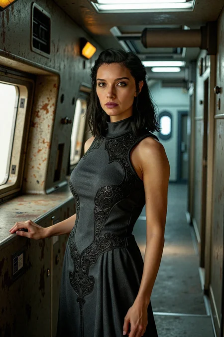 Andreja, a strikingly beautiful woman in her early 20s, stands with quiet confidence aboard a rustical spaceship, her commanding presence harmonizing with the rugged industrial setting. Her medium-length black hair cascades in smooth, glossy waves down her back, its rich texture catching the subtle glow of the dim, flickering overhead lights. Her piercing eyes, sharp and contemplative, are framed by dark lashes, their intensity a striking contrast to the weathered, metallic surroundings.
She is adorned in a dark grey high-neck dress, its sleeveless design on the right side revealing her toned arm. The intricate black patterns woven into the fabric add an air of mystery and sophistication, their ornate details catching the soft, diffused light. The dress hugs her curvaceous form with precision, emphasizing her elegant silhouette while maintaining an understated allure. The flowing hem of the dress contrasts with the sharp industrial edges of the shipâs interior, creating a balance between grace and grit.
The spaceship around her is a labyrinth of rusted metal panels, exposed piping, and dimly glowing control panels. The walls, worn from years of travel through the vastness of space, are adorned with scattered bolts, vents, and occasional streaks of grime, hinting at the vesselâs storied past. Overhead, industrial lights flicker sporadically, casting erratic shadows across the textured surfaces. In the background, a narrow corridor leads to a faintly illuminated room, its warm glow contrasting with the cold steel tones of the main deck.
Her posture is poised and confident, her shoulders squared and head held high, embodying strength and quiet determination. She lightly rests one hand on a railing, its surface smooth from years of use, while her other hand rests against her hip, accentuating the flowing lines of her dress. The interplay of her lithe figure against the raw industrial backdrop creates a striking visual contrast, blending elegance with resilience.
Photographed on Fujicolor Superia X-TRA 400 film with a 50mm lens, the image captures every nuance of light and texture, imbuing the scene with the warm, analog richness unique to film. The muted tones of the spaceshipâs interior are brought to life by the filmâs subtle grain, enhancing the dynamic interplay of light and shadow across her dress and features. The dim lighting casts delicate highlights along the intricate patterns of her attire and the natural contours of her skin, creating a portrait of Andreja that exudes both quiet strength and timeless beauty. Her expression, calm yet focused, suggests a woman deeply connected to her surroundings, standing as a figure of elegance amidst the stark, mechanical landscape. <lora:Andreja-000039:1.0>