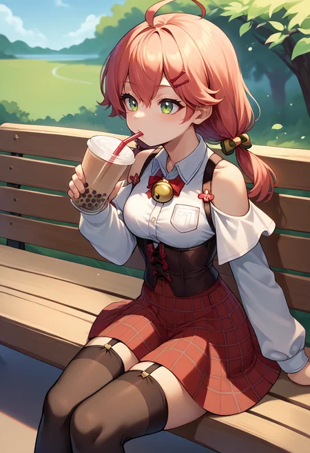 score_9, score_8_up, source_anime, 1girl, solo, MikoCasual, ahoge, low twintails, jingle bell, collared shirt, corset, red skirt, plaid skirt, black thighhighs, garter straps, bow, shoulder cutout, sitting, outdoors, bench, drinking, sipping, straw, bubble tea, <lora:CHAR-SakuraMikoPonyXL:1>