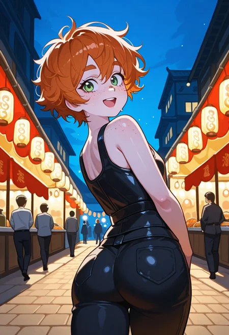 1girl, tomboy.
An illustration of a girl walking through crowded night market. she is wearing a full leather armor with bare shoulders.
hfaistyle, dynamic pose, ass focus,
anatomically correct, freckled body, shining glossy skin, small breasts, thin hips, ginger hair, short messy hair, nerdy, thick eyebrows, freckles, green eyes,
reaction frame, face focus,
looking around, excited, oblivious,
BREAK
outside, at night market, detailed environment, clear composition, correct perspective, festival decorations, street food restaurants, festival costumes, night, low light, festival lanterns, fantasy \(theme\), medieval \(theme\),
professional lighting, masterpiece, best quality, amazing quality, perfect quality, absolutely eye-catching