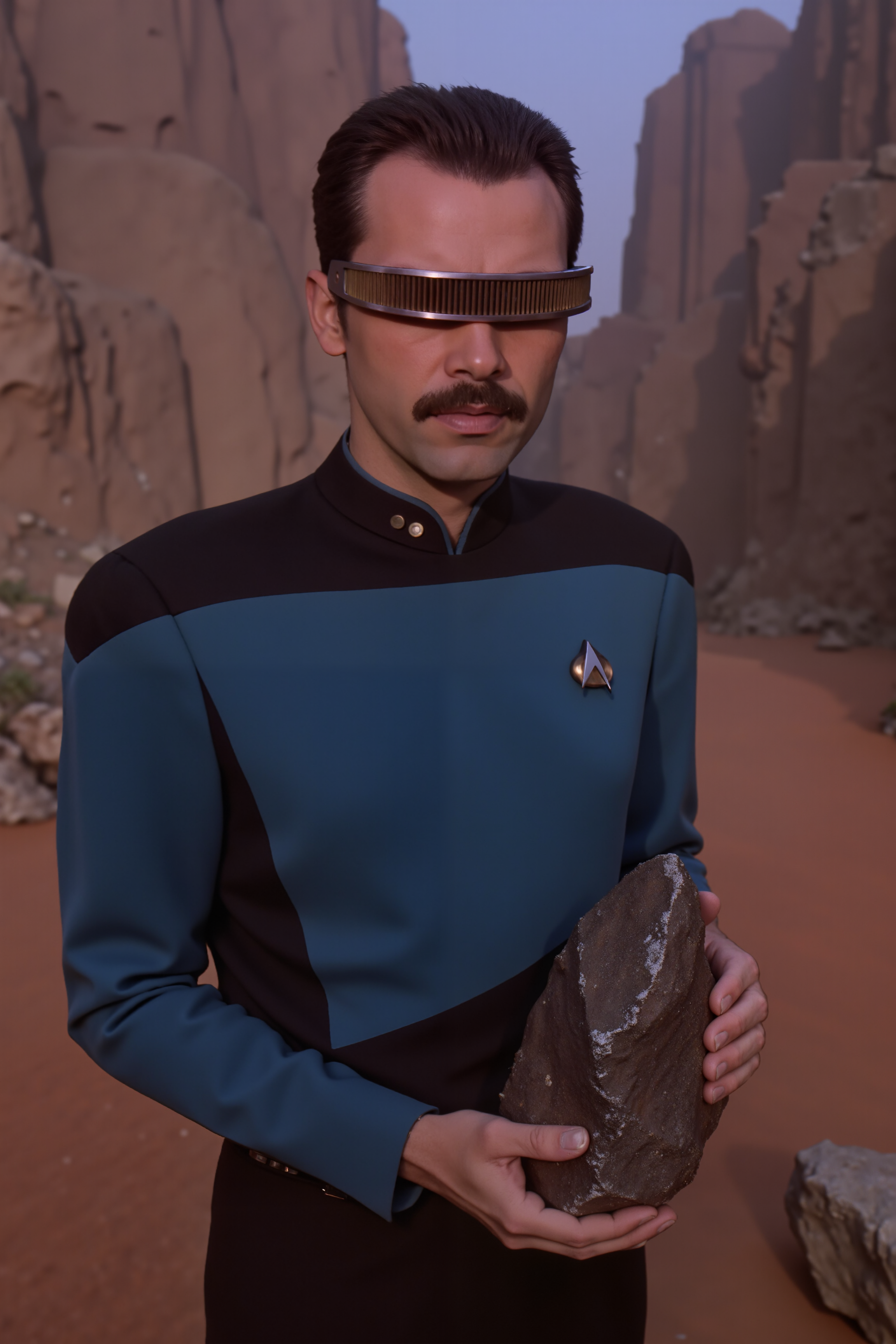 man with moustache standing on an alien planet near a rock holding a rock wearing grdvsr visor and blue tng uniform with black shoulders. , detailed background  Fantastic lighting. Detailed shadows.intricate details, vivid colors, hyper-detailed, ultra-sharp, , <lora:GRD_VISOR_FLUX><lora:TNG_FLUX><lora:aesthetical-000003:0.15><lora:aidmaNSFWunlock-FLUX-PonyStyle-v0.1:0.15><lora:Flux-jijia:0.1><lora:GLSHS:0.6>