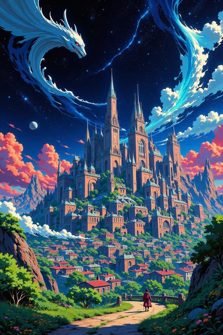 a city in space beautiful landscape, wind, woman, very intricate, very detailed, sharp, bright, colorful, <lora:Hand v2:0.5> <lora:Anti-Blur:1><lora:Insane Detail Slider:0.25>  <lora:flux.1_lora_flyway_Epic-detail_v2:0.3> <lora:fluxenhancer:0.25> <lora:ROWER:0.6> <lora:flux-charmer-v1-1:0.4>>  <lora:Anime_style:0.8> anime style