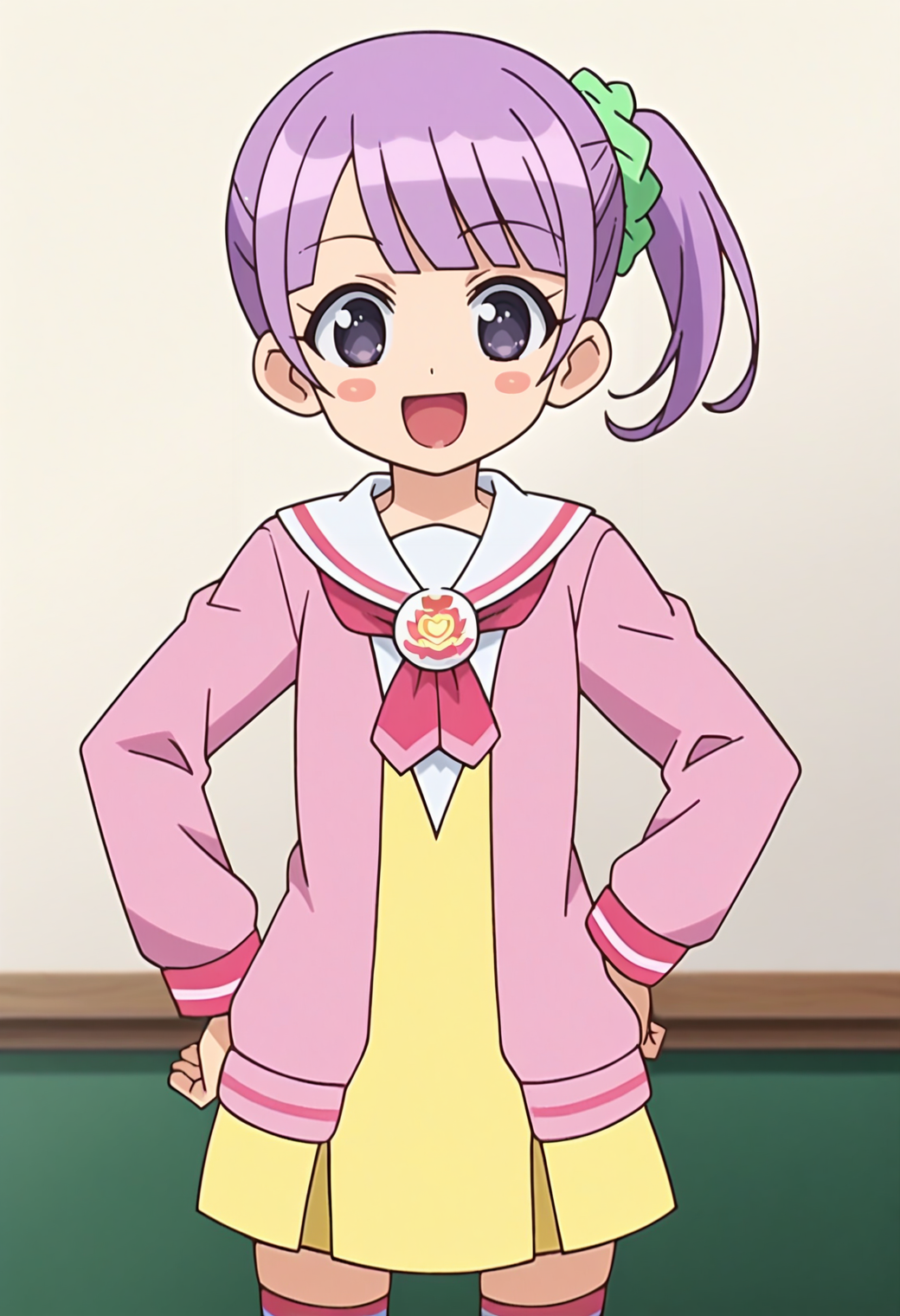 score_9, score_8_up, score_7_up, score_6_up, score_5_up, score_4_up, source_anime,
solo, 1girl, defnonb, side ponytail, hair scrunchie, blush stickers, anime screencap,
school uniform, white sailor collar, yellow dress, pink jacket, thighhighs, striped, 
looking at viewer, smile, open mouth, 
<lora:_manaka_non-elesico-pony-e12:0.9>
