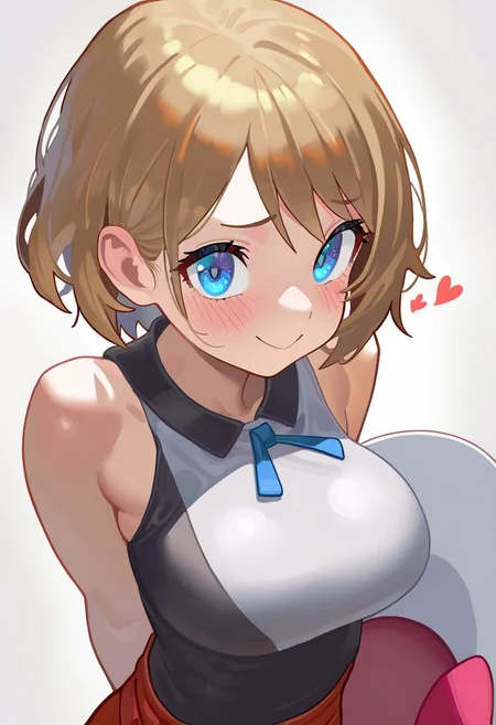 masterpiece, best quality, very aesthetic, high resolution, ultra-detailed, absurdres, newest, extremely detailed eyes, beautiful, perfect lighting, hi res, amazing quality, very awa, Brightly Lit, Highly Visible, 8k, sharp focus, beautiful, perfect lighting, volumetric lighting, scenery, painting_(artwork), PSTL_ST, 1girl, solo, looking at viewer, smile, short hair, bangs, blue eyes, skirt, simple background, brown hair, shirt, hat, white background, ribbon, holding, closed mouth, heart, sleeveless, vest, neck ribbon, leaning forward, arms behind back, blue ribbon, headwear removed, hat removed, holding clothes, holding hat, serena \(pokemon\)