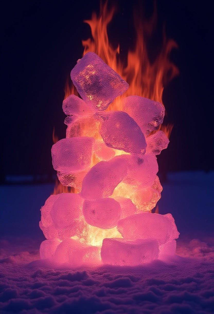 An intricate ice sculpture, completely engulfed in flames, inferno, blazing, concept art, masterpiece, perfect lighting, purple flames, 4k, absurdres,