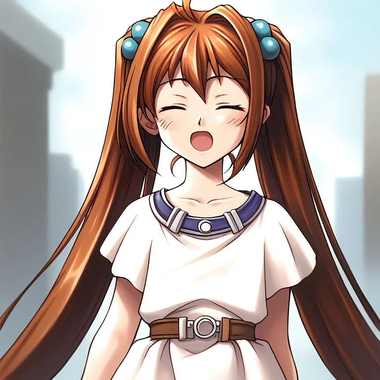 score_9, score_8_up, score_7_up, source_anime, rating_explicit, BREAKã <lora:Estelle_Bright_Retro_XL:1> Estelle_Bright, brown hair, long hair, red eyes, ahoge, closed eyes, very long hair, hair intakes, short stack,
1girl, solo, twintails, blush, hair ornament, hair bobbles, open mouth, dress, belt,
upper body, collarbone, white dress
day, outdoor,
looking at viewer,
cowboy_Shot,