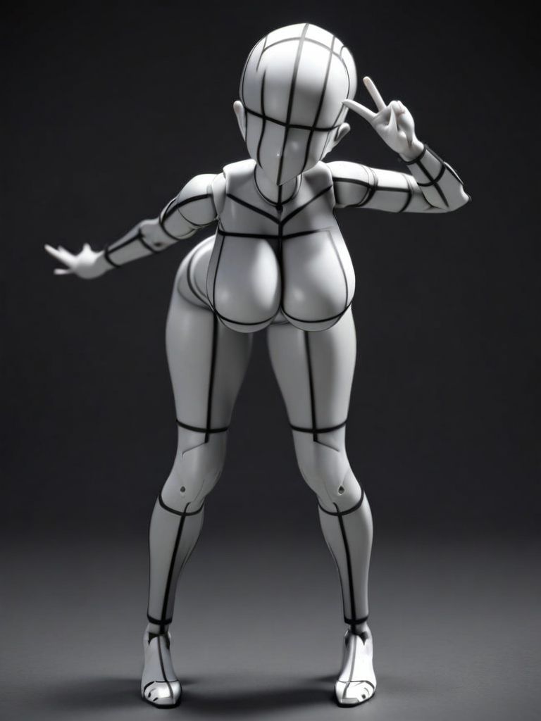 masterpiece, best quality,
bodychan, 3d, grey skin, (wireframe), faceless, bald, 1girl, solo, breasts, (huge breasts), simple background, white background, medium breasts, monochrome, full body, standing, head tilt, (v), (bent over), hand up, looking at viewer, greyscale, colored skin, joints, legs up