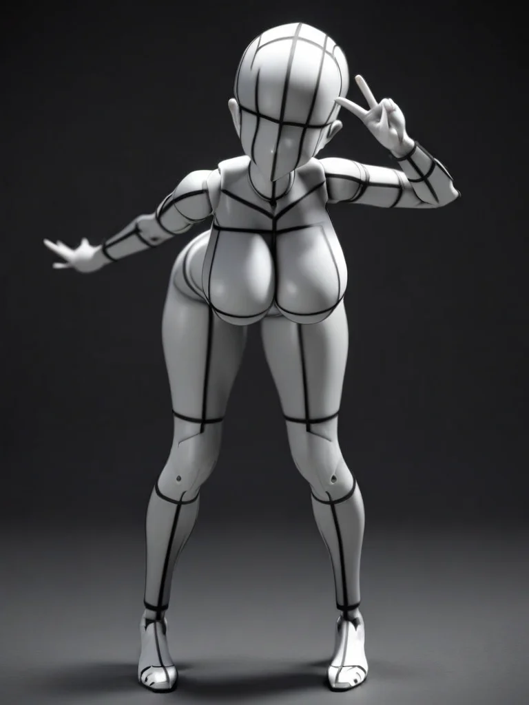 masterpiece, best quality,
bodychan, 3d, grey skin, (wireframe), faceless, bald, 1girl, solo, breasts, (huge breasts), simple background, white background, medium breasts, monochrome, full body, standing, head tilt, (v), (bent over), hand up, looking at viewer, greyscale, colored skin, joints, legs up