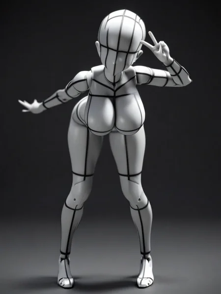 masterpiece, best quality,
bodychan, 3d, grey skin, (wireframe), faceless, bald, 1girl, solo, breasts, (huge breasts), simple background, white background, medium breasts, monochrome, full body, standing, head tilt, (v), (bent over), hand up, looking at viewer, greyscale, colored skin, joints, legs up