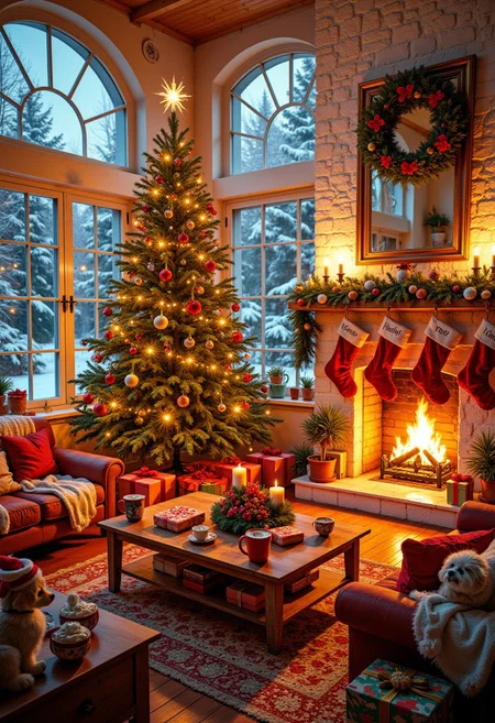 Imagine a magical Christmas living room bursting with festive cheer! The central focus is a grand, fully adorned Christmas tree, sparkling with an array of colorful lights, shimmering tinsel, and whimsical ornaments that tell a story. Underneath, a mountain of beautifully wrapped presents in vibrant, eye-catching paper waits to be unwrapped. The fireplace crackles energetically, emitting a warm glow that dances off the walls, while above it, a charming mantle is draped with lush garlands and sparkling fairy lights. Stockings of all shapes and sizes hang, each personalized with names and filled to the brim with delightful surprises. Make the scene even cozier with a sumptuous rug, plush throw blankets, and holiday-themed pillows strewn about a comfy sectional sofa. An inviting coffee table holds a festive centerpiece of pinecones, cranberries, and candles, alongside mugs of steaming hot chocolate topped with whipped cream and festive sprinkles. Through a large window, soft snowflakes dance down, blanketing the world outside in white, while a soft glow from the room creates a haven of warmth. Add festive touches like a playful puppy wearing a Santa hat, twinkling LED lights strung across the window, and a Christmas wreath adorned with red bows. Capture the joyful spirit of the season in this enchanting scene that radiates warmth, love, and holiday magic!