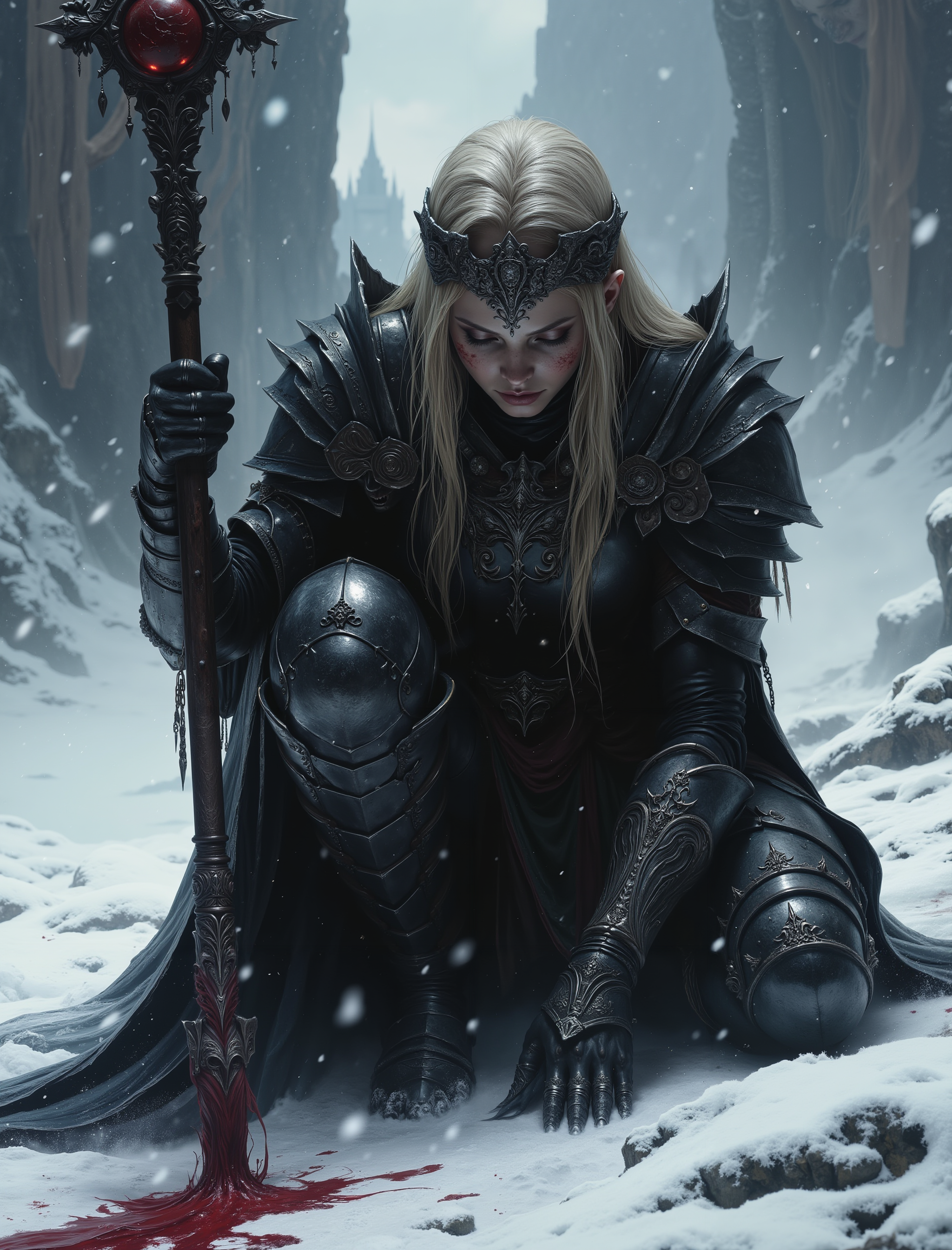 An atmospheric and powerful dark fantasy image,  classical style painting of a beautiful female warlord dressed in intricate dark armor.  She crouches with her head down and her dirty blonde hair falls over her face. She holds a powerful staff of dark steel. There is blood in the snow around her from a fallen enemy. Cinematic shot in a snowy mountainous region.
 