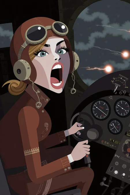 This is a digital drawing in a stylized, cartoonish manner. . A female pilot screaming inside the cockpit of a World War II bomber. The pilot, wearing a vintage leather flight helmet with goggles and a bomber jacket, grips the controls with white-knuckled hands. Her face is contorted in a mix of fear and determination as she yells, her eyes wide with adrenaline. The cockpit is cramped and filled with old-fashioned dials and gauges, with the outside view showing dark stormy clouds and distant anti-aircraft fire <lora:palo1_cap_d6a3e12:1.0><lora:821379544654081370:0>
