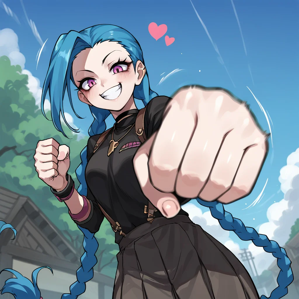score_9, score_8_up, score_7_up, score_6_up, score_5_up, score_4_up, zPDXL2,source_anime,rating_questionable, solo, outdoors, smile, happy, hearts, low angle,1girl, Jinx <lora:Punching_POV:0.8> p4nch, looking at viewer, punching, clenched hand, motion lines, motion blur