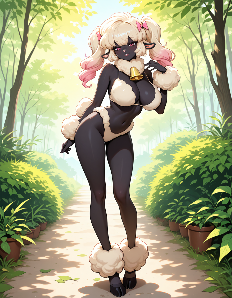 masterpiece, best quality, very aesthetic, absurdres,
outdoors,
full body, standing, posing,
seductive smile, parted lips, long eyelashes,
<lora:PoodleSheep_v01_NAIXL:1> P00dl3Sh33p,1girl, solo, furry, furry female, animal ears, long hair, bangs, hair bow, sheep ears, pink eyes, animal nose, neck bell, black skin, body fur, white fur, poodle tail, hooves,