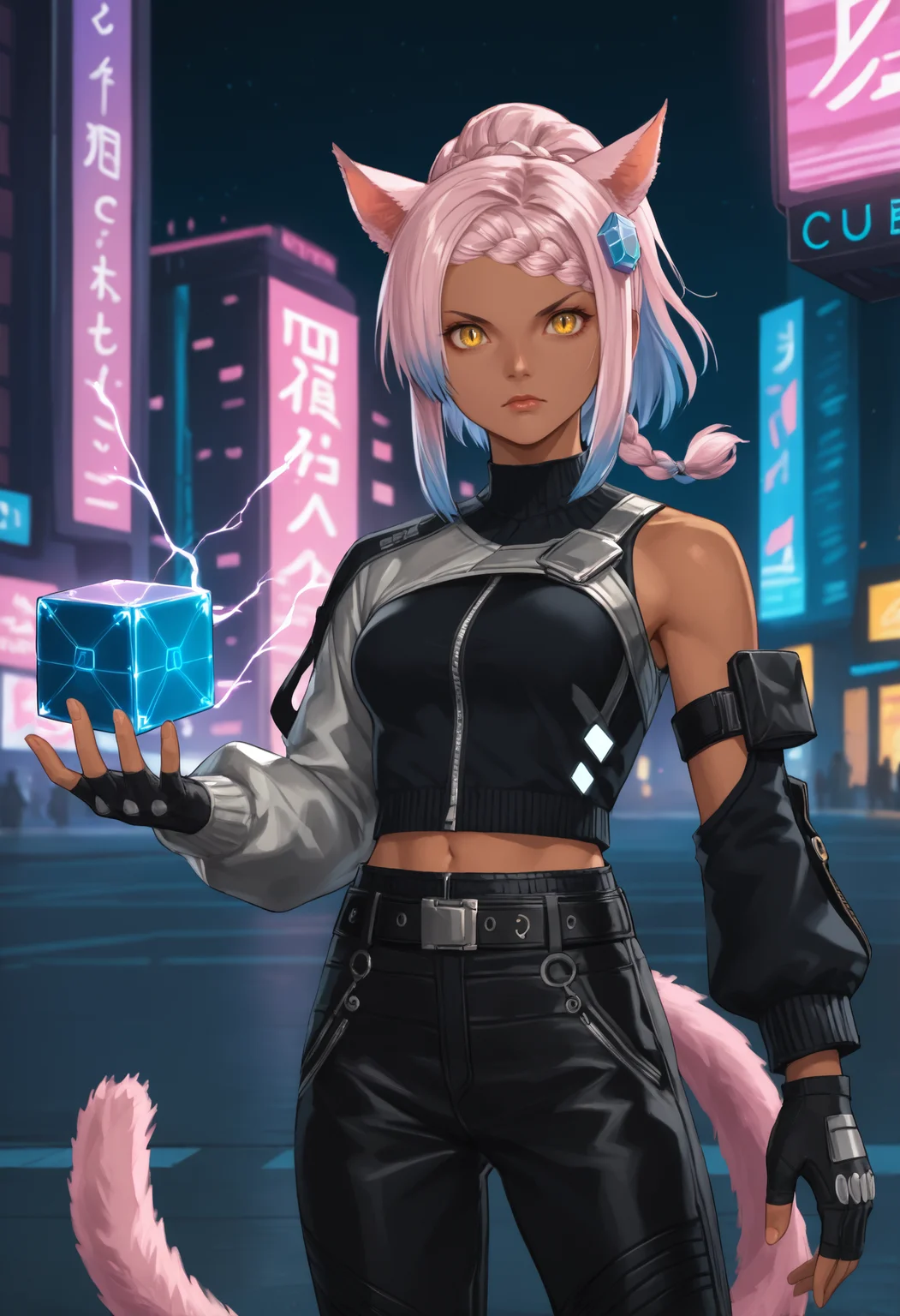 score_9, score_8_up, score_7_up, 1girl, eutropernd, dark-skinned female, yellow eyes, slit pupils, lipstick, animal ears, medium hair, two-tone hair, gradient hair, side braid, single braid, ponytail, pink tail, cat tail, medium breasts,
eutropemain, hair ornament, headpiece, silver shrug \(clothing\), bare shoulder, silver chest harness, black armband, black shirt, zipper, midriff peek, black arm warmer, black fingerless gloves, black belt, black pants, leather pants,
looking at viewer, serious, hand up, holding cube, floating cube, electricity,
outdoors, arena, sci-fi, science fiction, futuristic, neon lights, cityscape,
<lora:Wicked-Thunder-Eutrope-PDXL_V1-Manityro-CAME:1.0>,