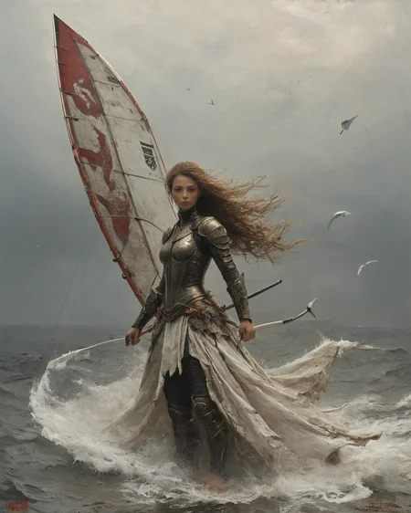 armed and armored beautiful female warrior wind surfing, <lora:add-detail-xl:0.75>, <lora:xl_more_art-full_v1:0.5>, <lora:NicolaSamori:0.8> in the style of Nicola Samori, <lora:XSfenlie:1> fenliexl