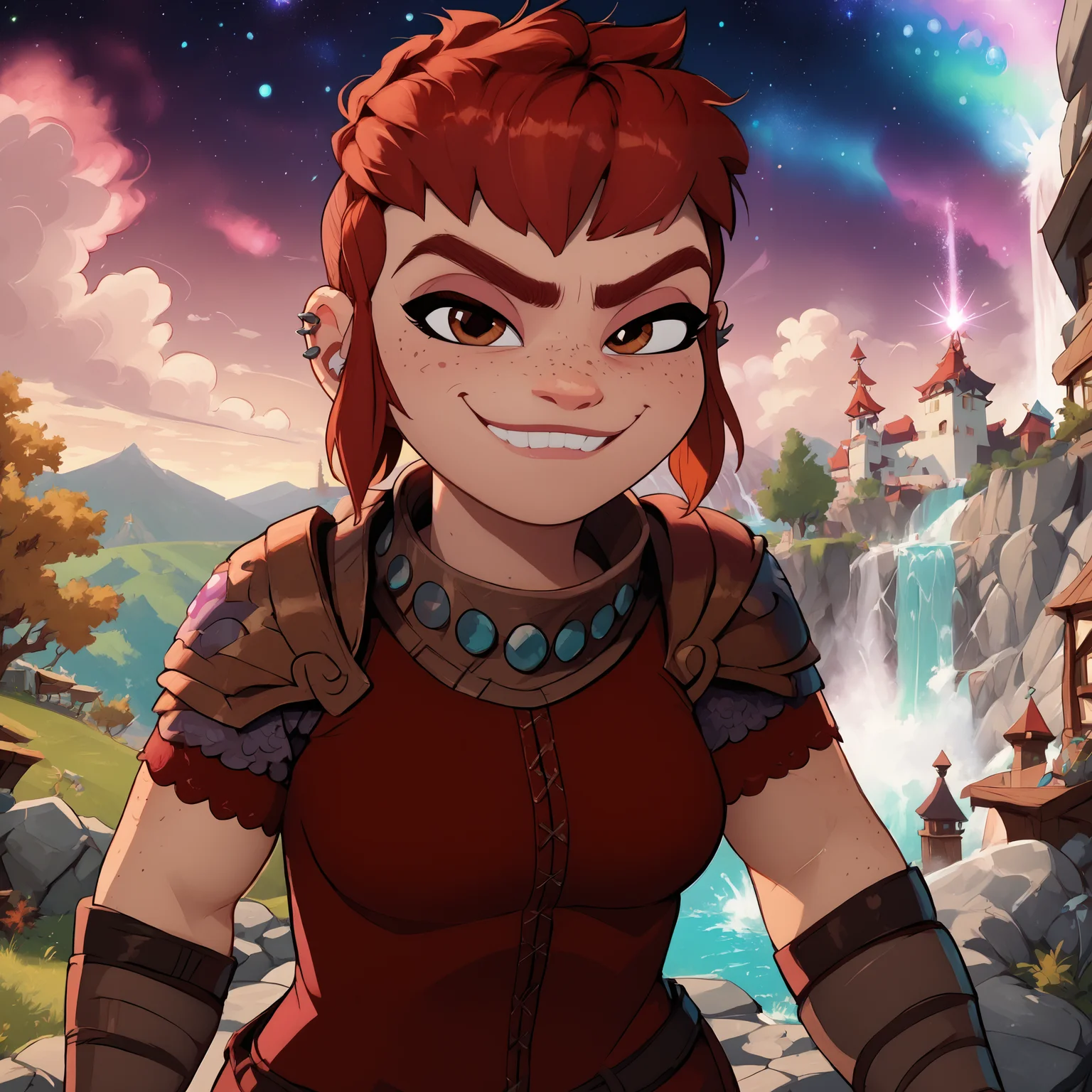 score_9, score_8_up, score_7_up, (emphasized-details:1.3), good_hands, better_hands, NimonaXL, short red hair, sidelocks, brown eyes, freckles, smug, smiling, ear piercing, miniskirt, red tunic, looking at viewer, (fingerless gloves:1.3), shoulder armor, medium breasts, slender torso, standing, cowboy shot, nightime, outdoors, amazing multicolored nature landscape, numerous trees, vibrant multicolored cosmic nebula in sky, vivid aurora borealis, waterfall in background, <lora:NimonaXL-11:0.9> <lora:pony_good_hands:1> <lora:detailed_notrigger:2>