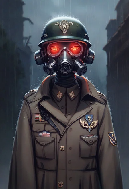 score_9, score_8_up, score_7_up, score_6_up, VitWaterStyle, soldiers, gas masks, helmets, glowing eyes, rain, dark and gloomy atmosphere, trench coats, military gear, insignia, somber expressions, war setting, dramatic lighting, detailed, shaded, intense mood