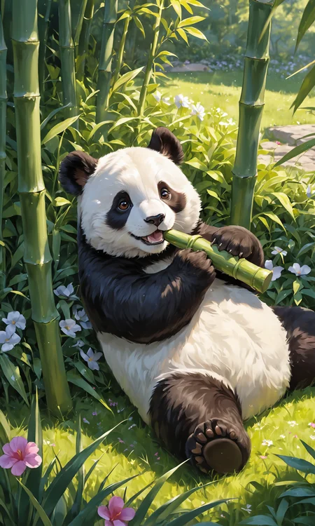(photorealism:1.5)
cute panda, lying on the grass, relaxed expression, surrounded by flowers, bamboo fence, sunny day, detailed fur, high detail, photorealistic, vibrant colors
chewing on bamboo shoot, dappled sunlight, volumetric light, ultra detailed vegetation