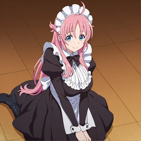 score_9,score_7_up, BREAK source_anime,smile, looking at viewer,(from above),from front<lora:Atena_S_v1:0.8>Atena_S, 1girl, solo, long hair, pink hair,blue eyes, ahoge, round breasts, maid dress, maid headdress, maid apron, long sleeves,black boots,butterfly sitting position,