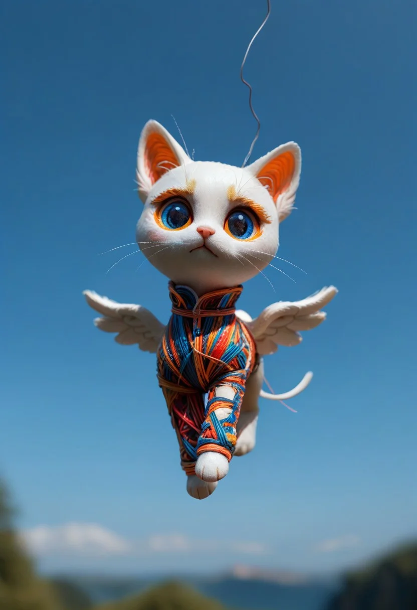 score_9, score_8_up, score_7_up, score_6_up, score_5_up, score_4_up, masterpiece, very aesthetic, absurdres, Tilt shift photography style, photo, a chibi white pegasus cat, floating in air, blue sky, blurry background, neon, wires, made of wires, cables, outlined with wires and neon, neon outlines, wire sculpture, neon wire sculpture,