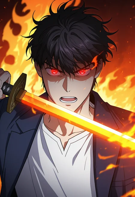masterpiece, best quality, amazing quality,high resolution, intricate details,official style,depth of field,anime coloring,anime screencap , , , 1boy, solo, male focus, <lora:han_yoohyun:0.80>,han yoohyun,black hair,messy hair,solo, looking at viewer, open mouth, shirt, jacket, white shirt,weapon, sword,glowing, portrait, fire, glowing eyes,red eyes