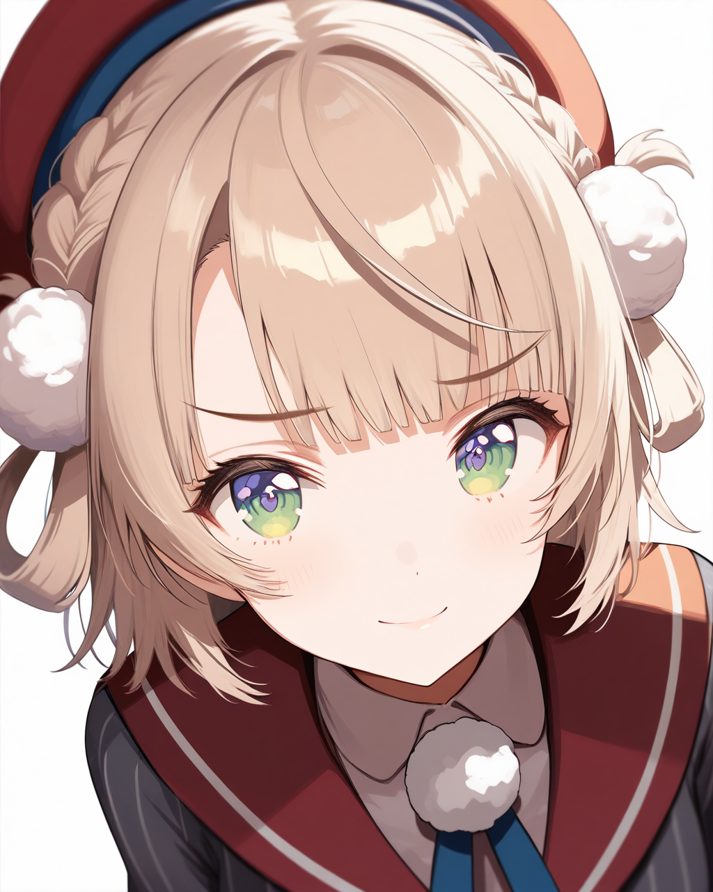 1girl,
ShigureUiVTuber,
safe, solo, dynamic angle, upper body,
beret, side braid,
hair rings, pom pom hair ornament, shiny hair,
beautiful eyes, smile,
looking at viewer, 
red sailor collar,
neck ribbon, 
vertical stripes, 
striped jacket, large breasts,
puffy sleeves,
collared shirt,
simple background, white background, anime coloring,
depth of field,
<lora:kp_ShigureUiVTuber1stCostumeAnimagineXL_v1_0:1.0>,
masterpiece, high score, great score, absurdres