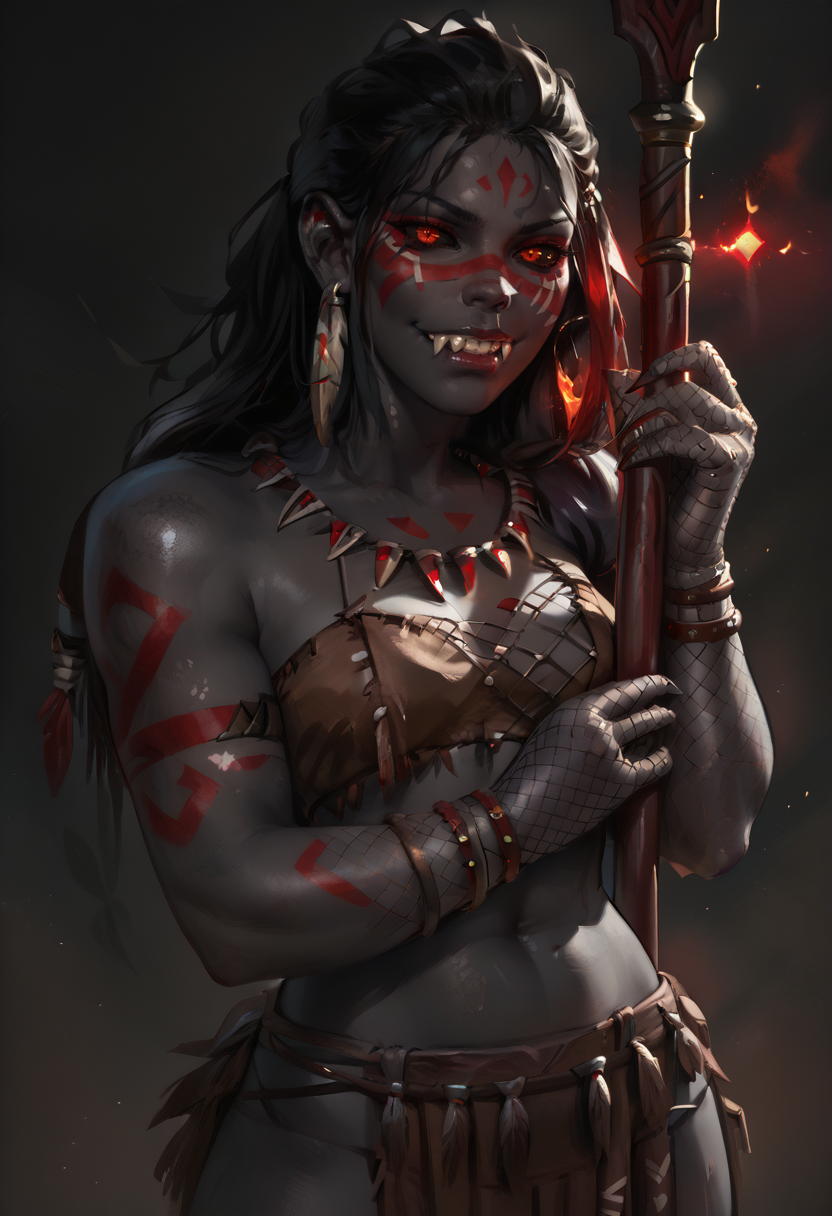 score_9, score_8_up, score_7_up, score_9, score_8_up, score_7_up, score_6_up, 1girl, holding, black skin black color skin, colored skin, fishnet gloves, black sclera, red eyes, glowing eyes, fangs, (facepaint, tribal tattoo), holding weapon, holding polearm,
 <lora:Elysian:1>, elys1an