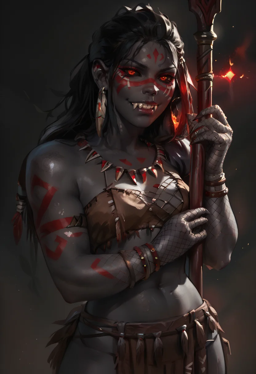 score_9, score_8_up, score_7_up, score_9, score_8_up, score_7_up, score_6_up, 1girl, holding, black skin black color skin, colored skin, fishnet gloves, black sclera, red eyes, glowing eyes, fangs, (facepaint, tribal tattoo), holding weapon, holding polearm,
<lora:Elysian:1>, elys1an