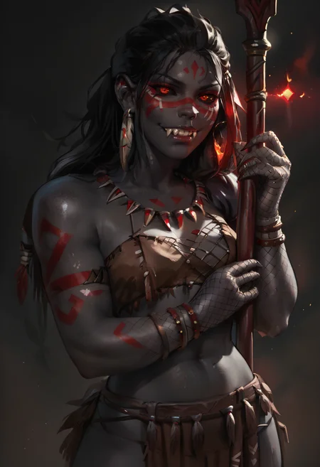 score_9, score_8_up, score_7_up, score_9, score_8_up, score_7_up, score_6_up, 1girl, holding, black skin black color skin, colored skin, fishnet gloves, black sclera, red eyes, glowing eyes, fangs, (facepaint, tribal tattoo), holding weapon, holding polearm,
<lora:Elysian:1>, elys1an
