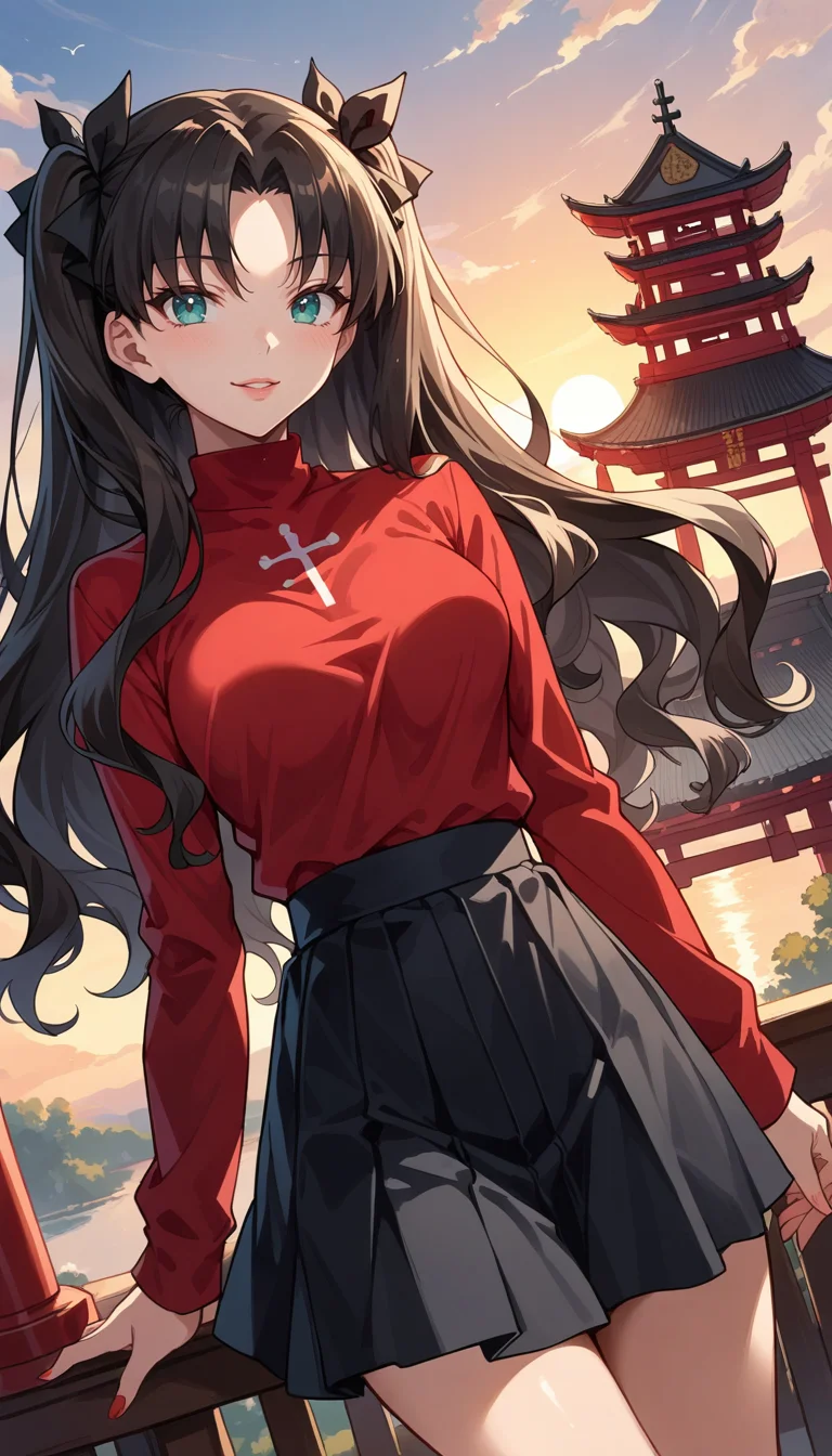 score_9, score_8_up, score_7_up, Anime Style, Cowboy Shot, Rin Tohsaka, cute, seductive, innocent, light smile:0.3, plump lips, slender body, aqua eyes, long wavy black hair, twin tails tied with black ribbons, red turtleneck, black skirt, sunset, buddhist temple background, depth of field, dynamic angle, fashion photography, sharp, hyperdetailed:1.15