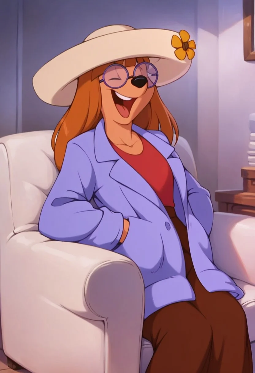 score_9, score_8_up, score_7_up, masterpiece, best quality, highly detailed, realistic, (zPDXL3), 1girl, solo, (StaceyGM, furry, anthro, female canine, teeth, tongue, purple round glasses, black nose, eyes closed, orange hair, long hair, white hat, flower on hat, purple jacket, long jacket, red shirt, hands in pocket, brown pants), smile, open mouth, (((living room, couch, sitting on couch))), front view, afternoon, indoors, detailed background, uncensored, (((tailless)))