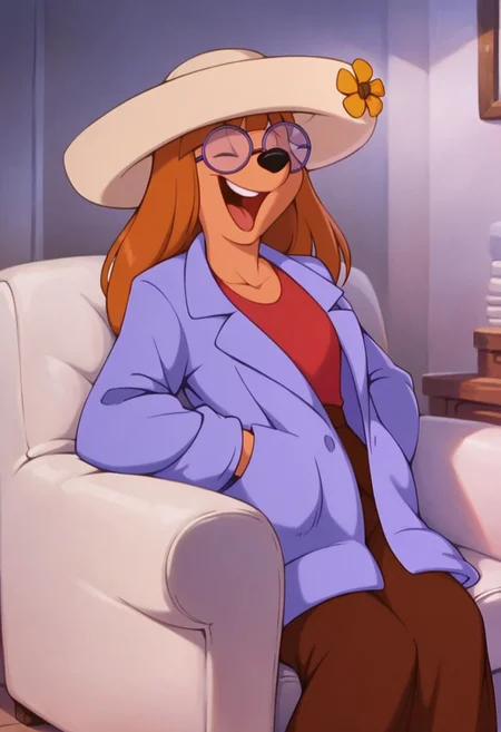 score_9, score_8_up, score_7_up, masterpiece, best quality, highly detailed, realistic, (zPDXL3), 1girl, solo, (StaceyGM, furry, anthro, female canine, teeth, tongue, purple round glasses, black nose, eyes closed, orange hair, long hair, white hat, flower on hat, purple jacket, long jacket, red shirt, hands in pocket, brown pants), smile, open mouth, (((living room, couch, sitting on couch))), front view, afternoon, indoors, detailed background, uncensored, (((tailless)))