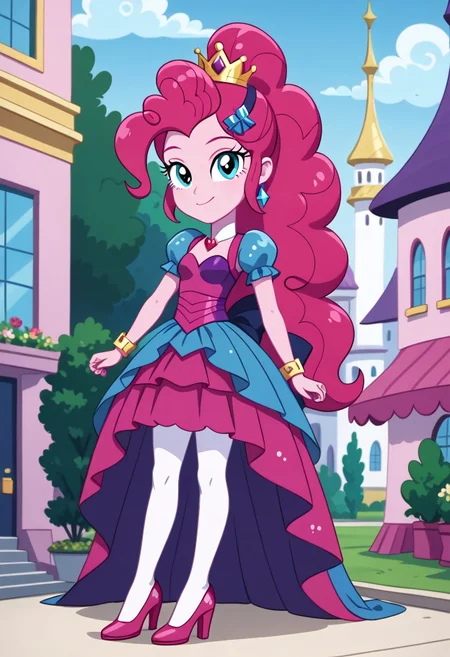 score_9, score_8_up, score_7_up, score_6_up, from My Little Pony Equestria Girls, a very young little human girl Pinkie_Pie wearing a fit blue|sky|green|brown|darkpurple|red|yellow gradients colors short princess dress, elegant detailed princess shoes, solo, 1girl, little princess girl, gradient dark pink hair with crown hairband, smile, childhood, looking at viewer, glow detailed eyes, garden of canterlot, tul, chiffon, laces, semi realistic cartoon, unreal engine 5, full body close-up, absurdres, digital art, soft light, perfect hands, perfect, hands, perfection, soft pink skin, skyblue eyes, party accesories and shoes, jewelry, tres chic,<lora:age_slider_v4:-4>,