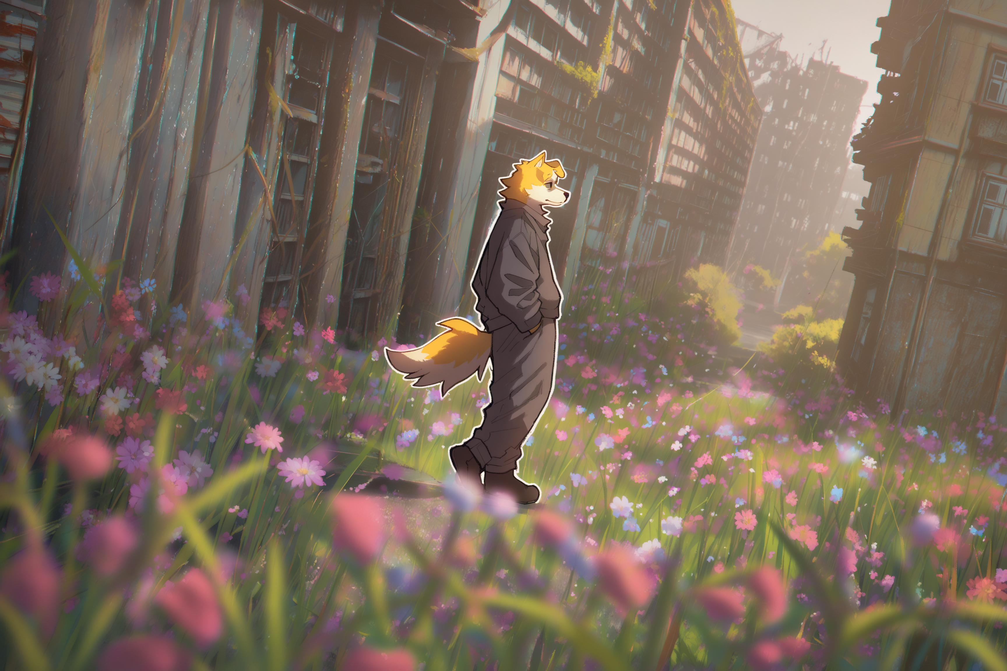1boy, solo, aged up, furry, dog boy, yellow fur, empty eyes, pointy ears, k3go-eee, syakunetuu, from side, walking, hands in pockets, high saturation, soft colors,
light smile, volumetric lighting, aliasing, sidelighting, very wide shot, white outline, messy lineart, real world location, photo background, abandoned buildings, dynamic angle, flowers, wind, saturated, bright, depth of field, blurry foreground, chromatic aberration,
outdoors, scenery, masterpiece, best quality, very awa,  <lora:ponyv6_noobV1_2_adamW:0.75>  <lora:syakunetuu:0.85> <lora:kemonogo-nai-v01:0.7>  <lora:noobai_vpred_1_niji_composite:0.85>  <lora:NOOB_vp1_detailer_by_volnovik_v1:1>