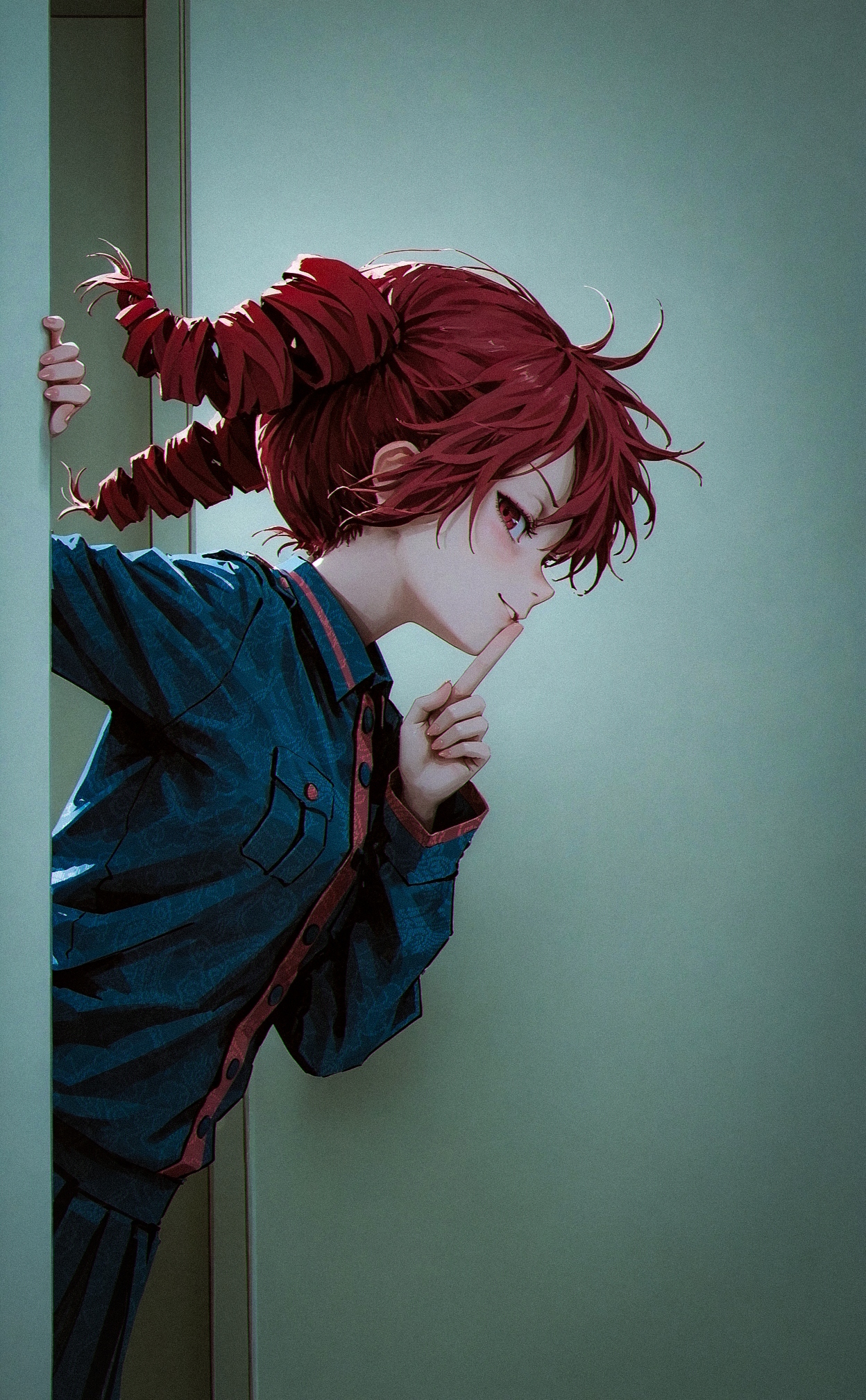 ultra-detailed illustration,
kasane teto, solo, floating hair, sideways, profile, smug, sideways glance,  (dynamic pose:1.2), 
indoors, shushing, 
(by Kazuho iwamoto, by reddizen:1.25),
masterpiece, best quality, good quality,