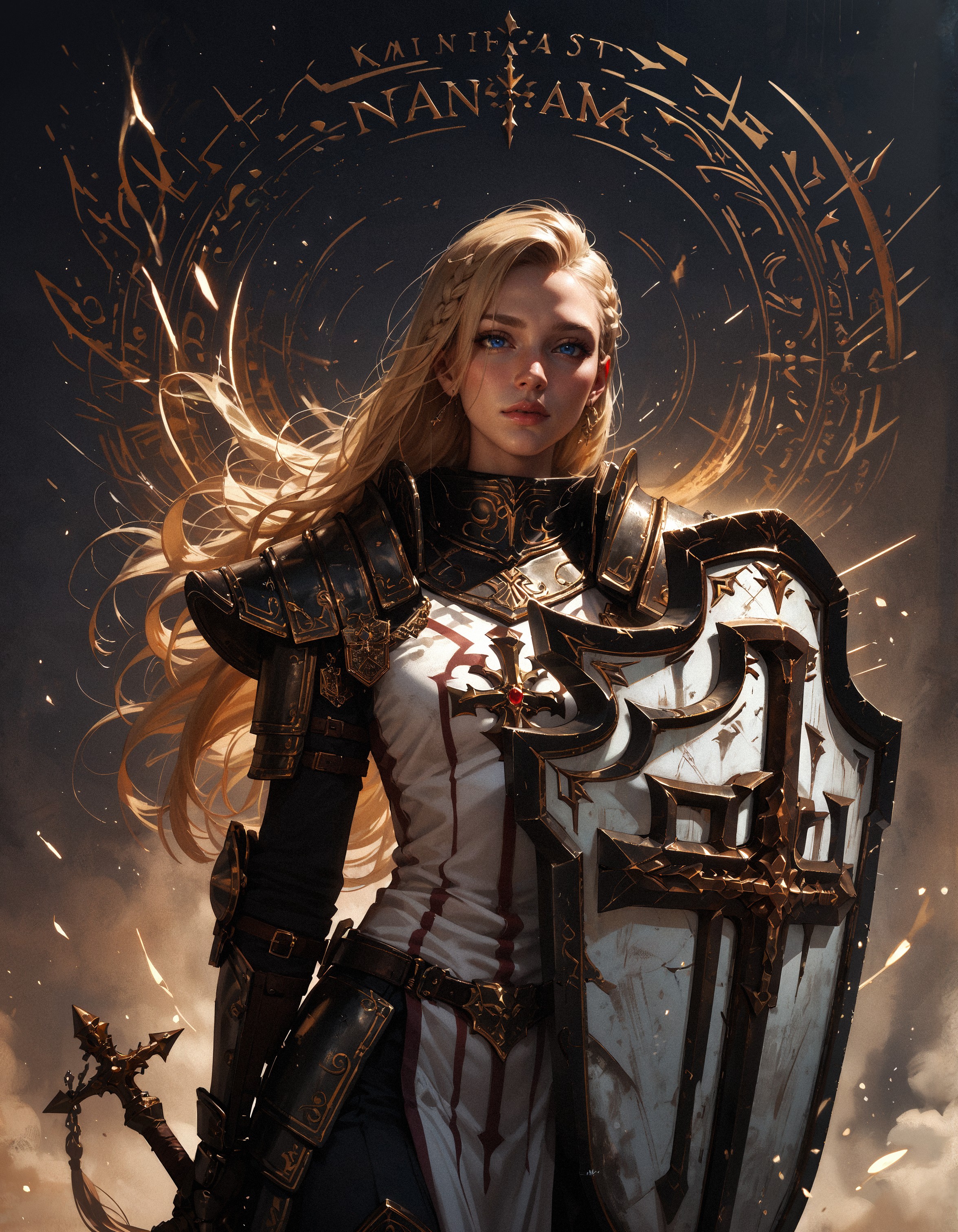score_9, score_8_up, score_7_up, score_6_up, score_5_up, score_4_up,  masterpiece, high quality, solo, crsadr, knight, pauldrons, full armor, long hair, gauntlets, shield, pelvic curtain, faulds, holding weapon, flail, braid, side cut, magic, holy light, golden sorcery, upper body, white fabric