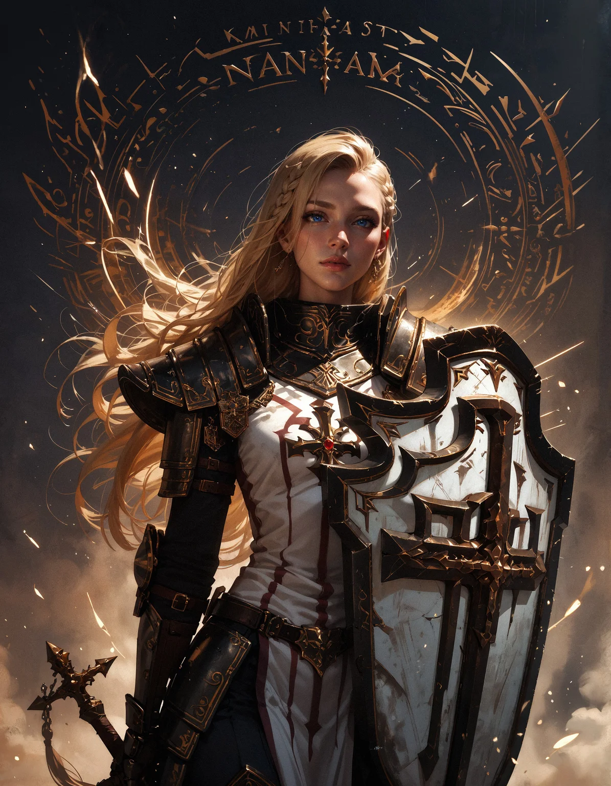 score_9, score_8_up, score_7_up, score_6_up, score_5_up, score_4_up,  masterpiece, high quality, solo, crsadr, knight, pauldrons, full armor, long hair, gauntlets, shield, pelvic curtain, faulds, holding weapon, flail, braid, side cut, magic, holy light, golden sorcery, upper body, white fabric