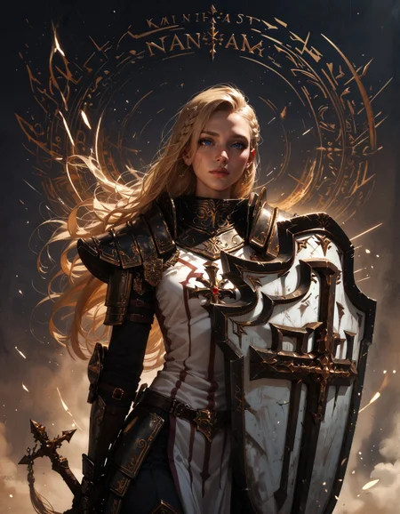score_9, score_8_up, score_7_up, score_6_up, score_5_up, score_4_up,  masterpiece, high quality, solo, crsadr, knight, pauldrons, full armor, long hair, gauntlets, shield, pelvic curtain, faulds, holding weapon, flail, braid, side cut, magic, holy light, golden sorcery, upper body, white fabric