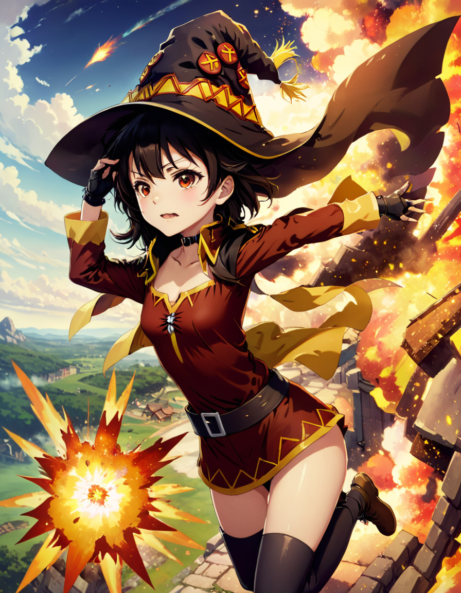 Tranquil Relaxing Atmosphere 1girl megumin from konosuba, cloack, smileyhat, explosion,
 <lora:MeguminXL:1>, <lora:SDXL - Wrong:1>, ZIP2D , calming style, soothing colors, peaceful, idealic, Tranquil Relaxing Atmosphere