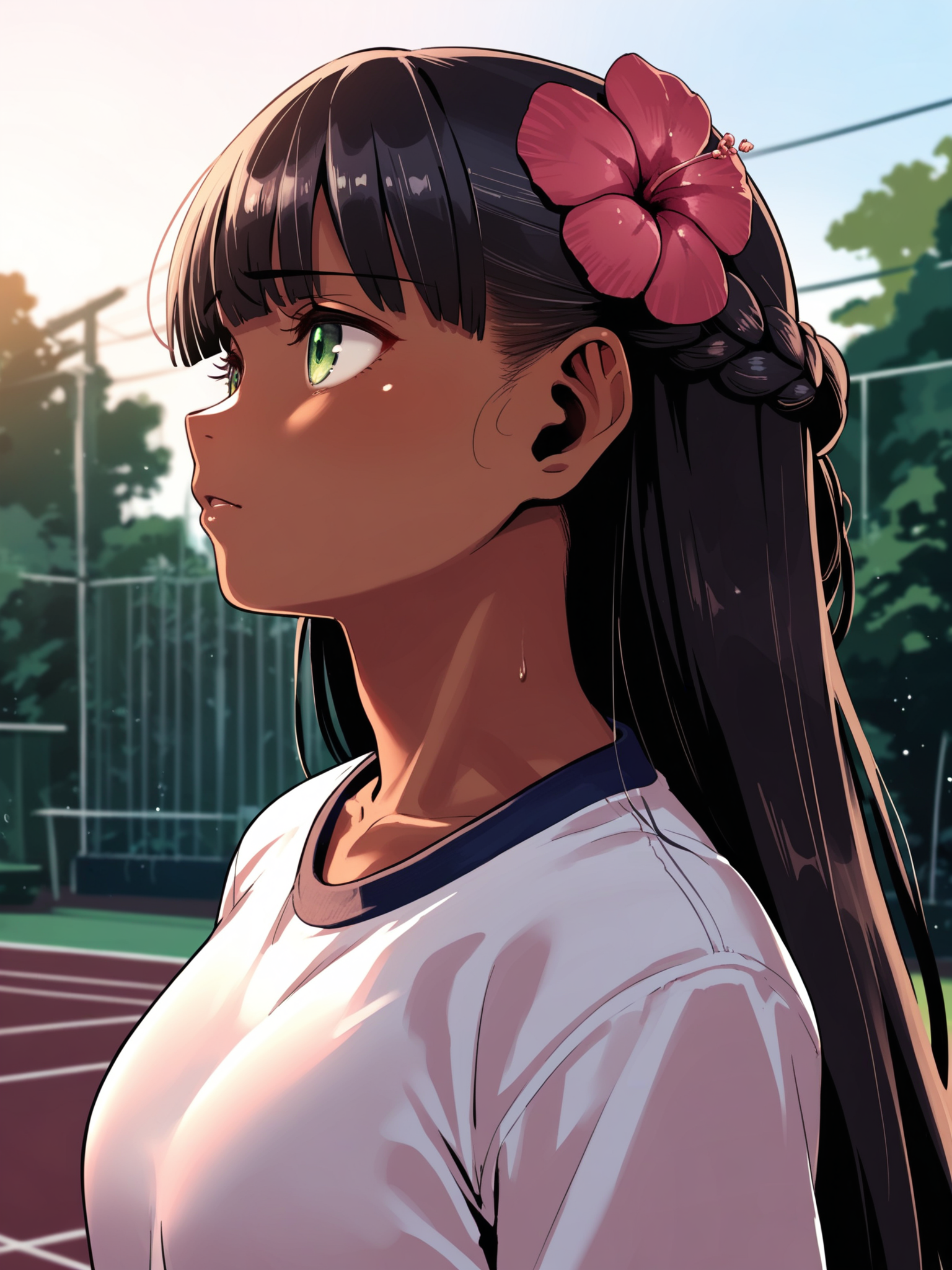<lora:happy_tentacle-ranee-v0.4-000028:0.9>, ht_ranee, dark-skinned female, hair flower, black hair, green eyes, gym clothes, outdoors , 1girl, solo, upper body , , (doyagao :1.2), heavy breathing , looking away , , facing viewer , score_9, score_8_up, score_7_up, score_6_up, score_5_up, score_4_up